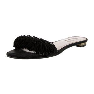Aquazzura Black Suede Fringe Trim Slides Size 7.5
